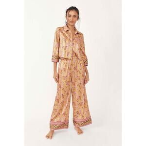 Free People Intimates Pajama Party Sleep Set Gold Satin Medium Pants Button Up M